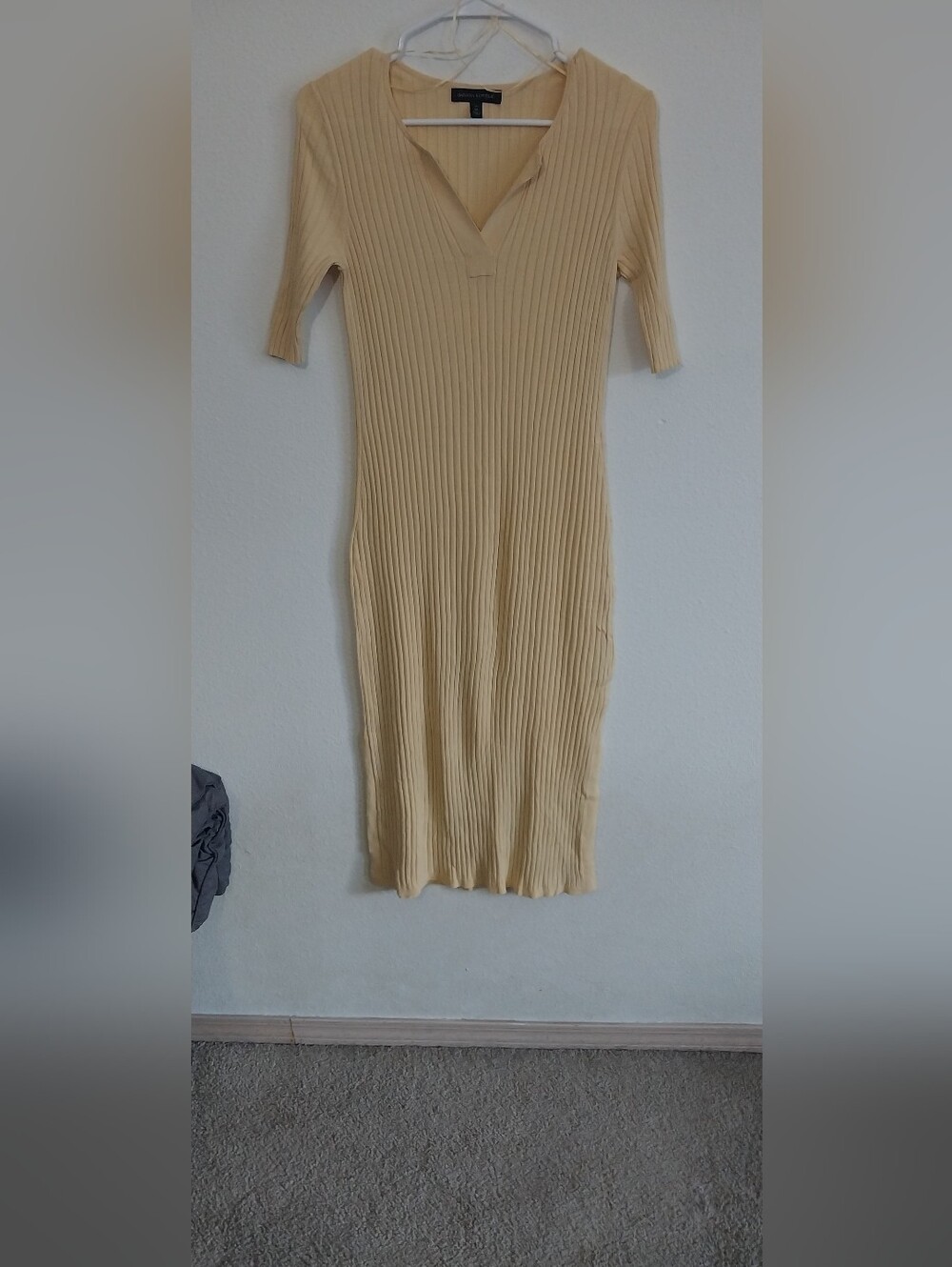 Ribbed V-Neck Midi Dress in Light Yellow